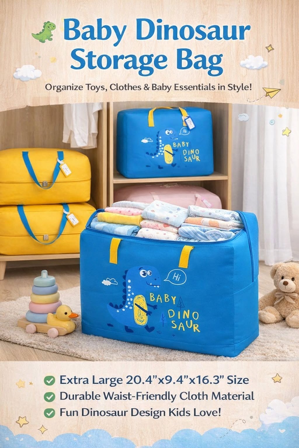 Blue Color Baby Dinosaur Cloth Organizer and Storage Box - Image 3