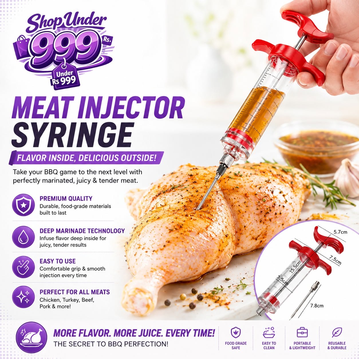 Meat Injector Syringe - for BBQ Grill Premium Portable Turkey Injector kit for Smoker Marinades Injectors for Meats