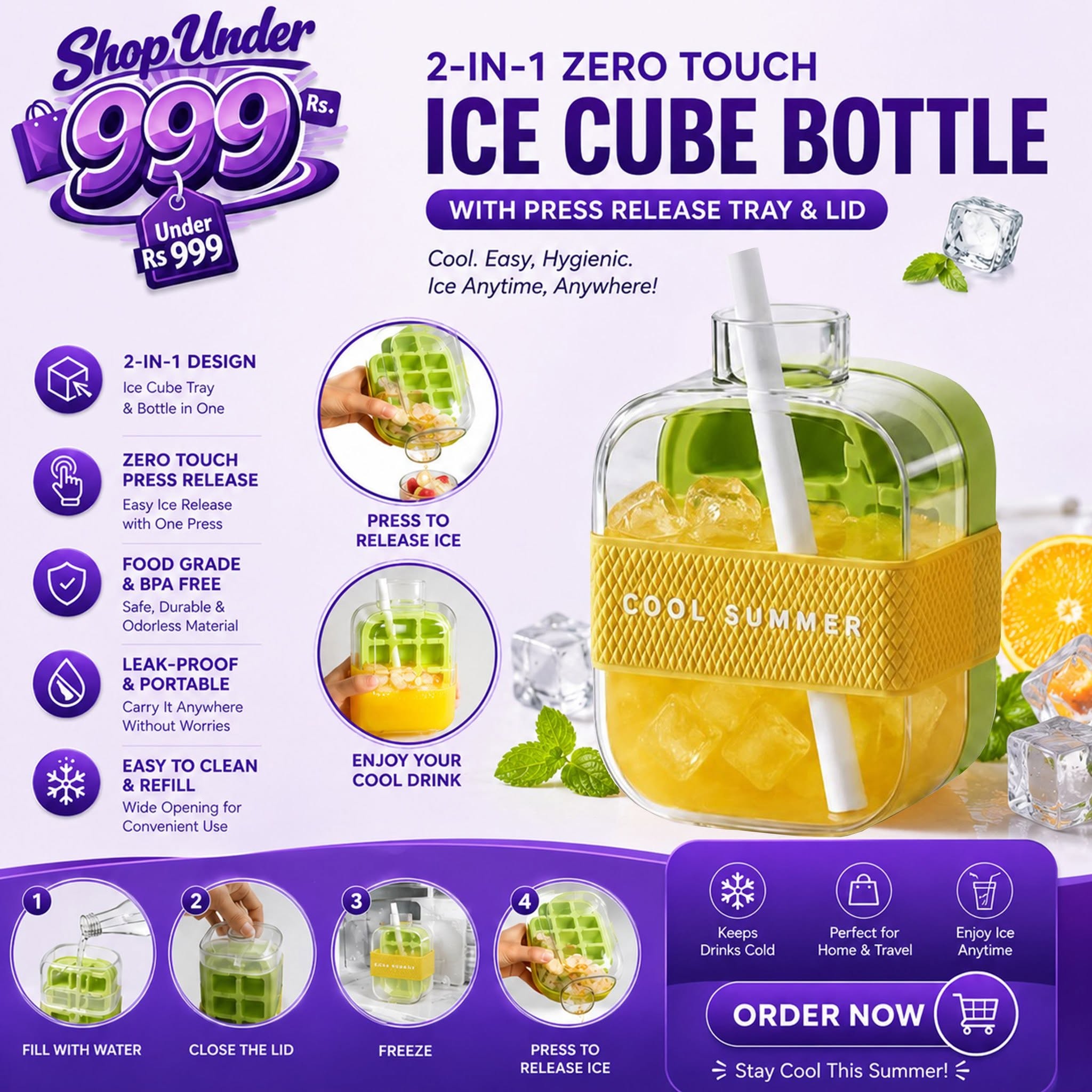 2-in-1 Zero Touch Ice Cube Bottle with Press Release Tray & Lid