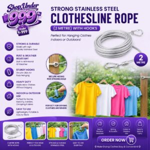 Strong stainless steel clothesline rope (2 metre) with hooks, perfect for hanging clothes indoors or outdoorsct