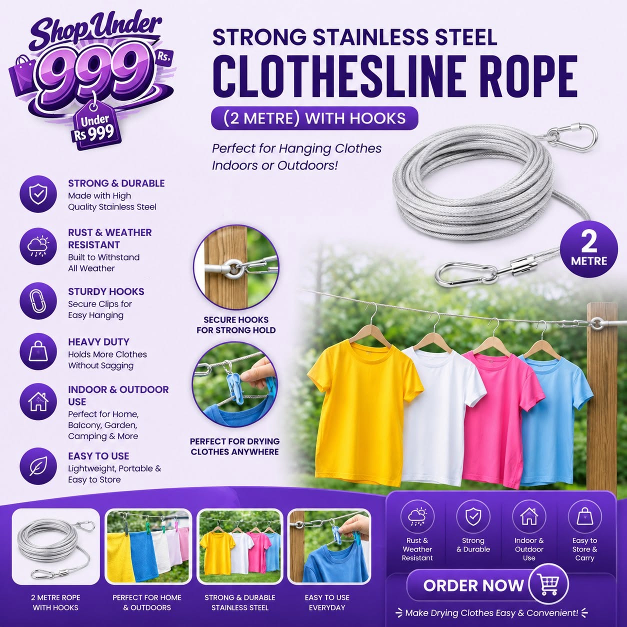 Strong stainless steel clothesline rope (2 metre) with hooks, perfect for hanging clothes indoors or outdoorsct