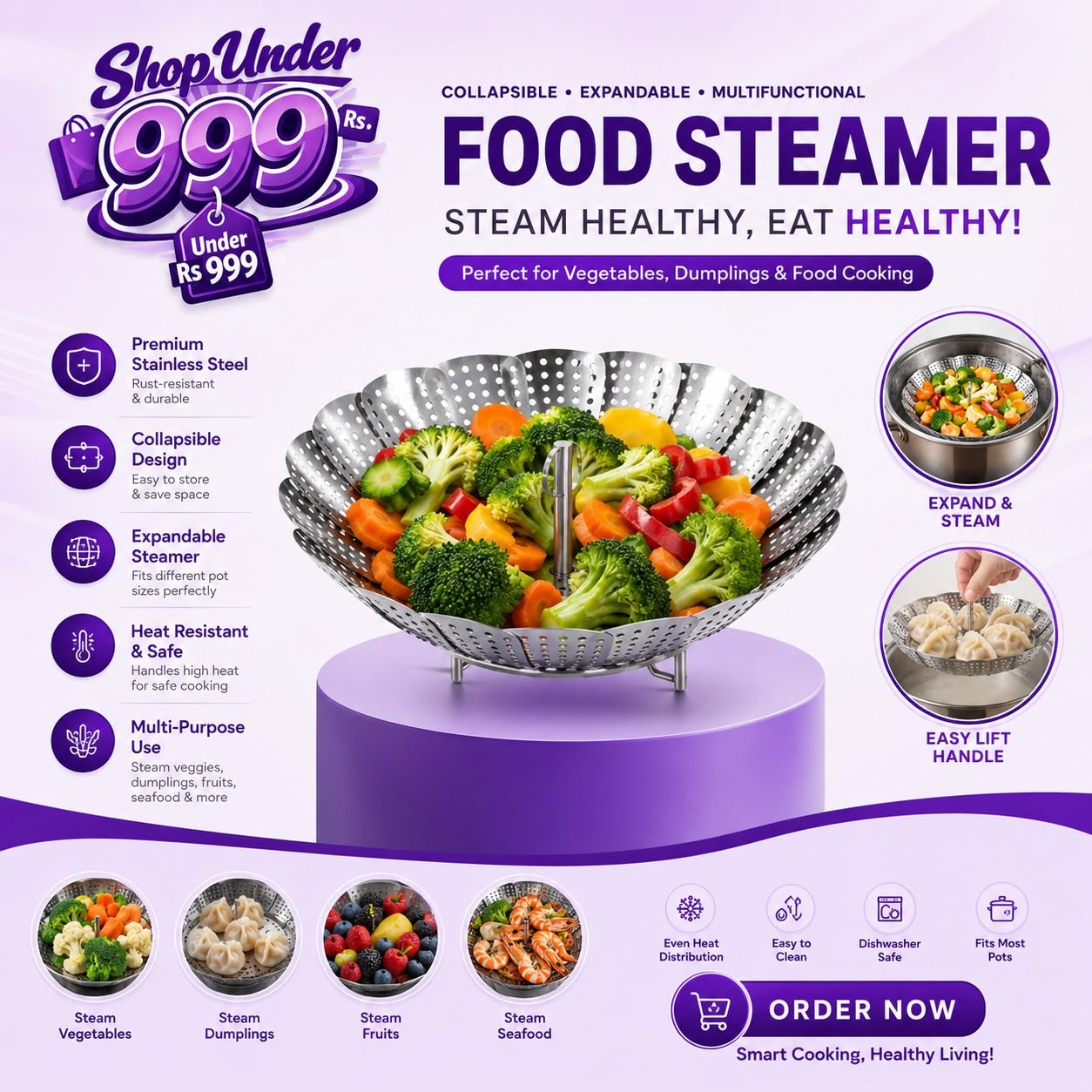 Food Steamer Collapsible Expandable Steamer Insert for Vegetables, Dumplings & Food Cooking