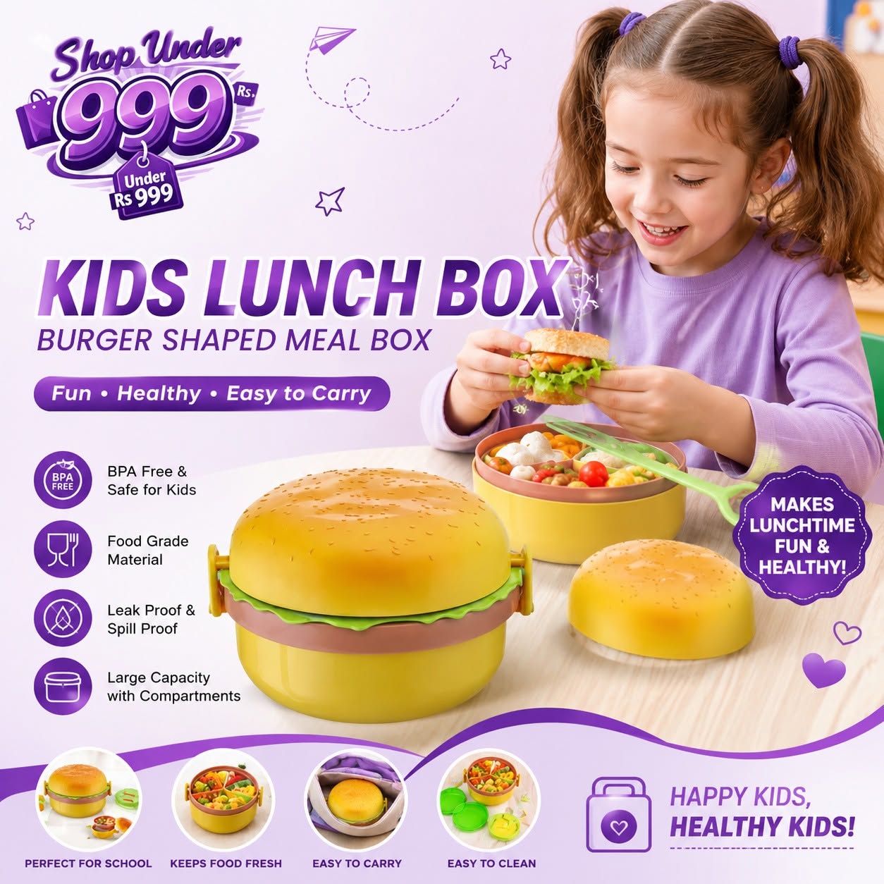kids Lunch box tiffin box for school burger shaped meal it box large lunch box