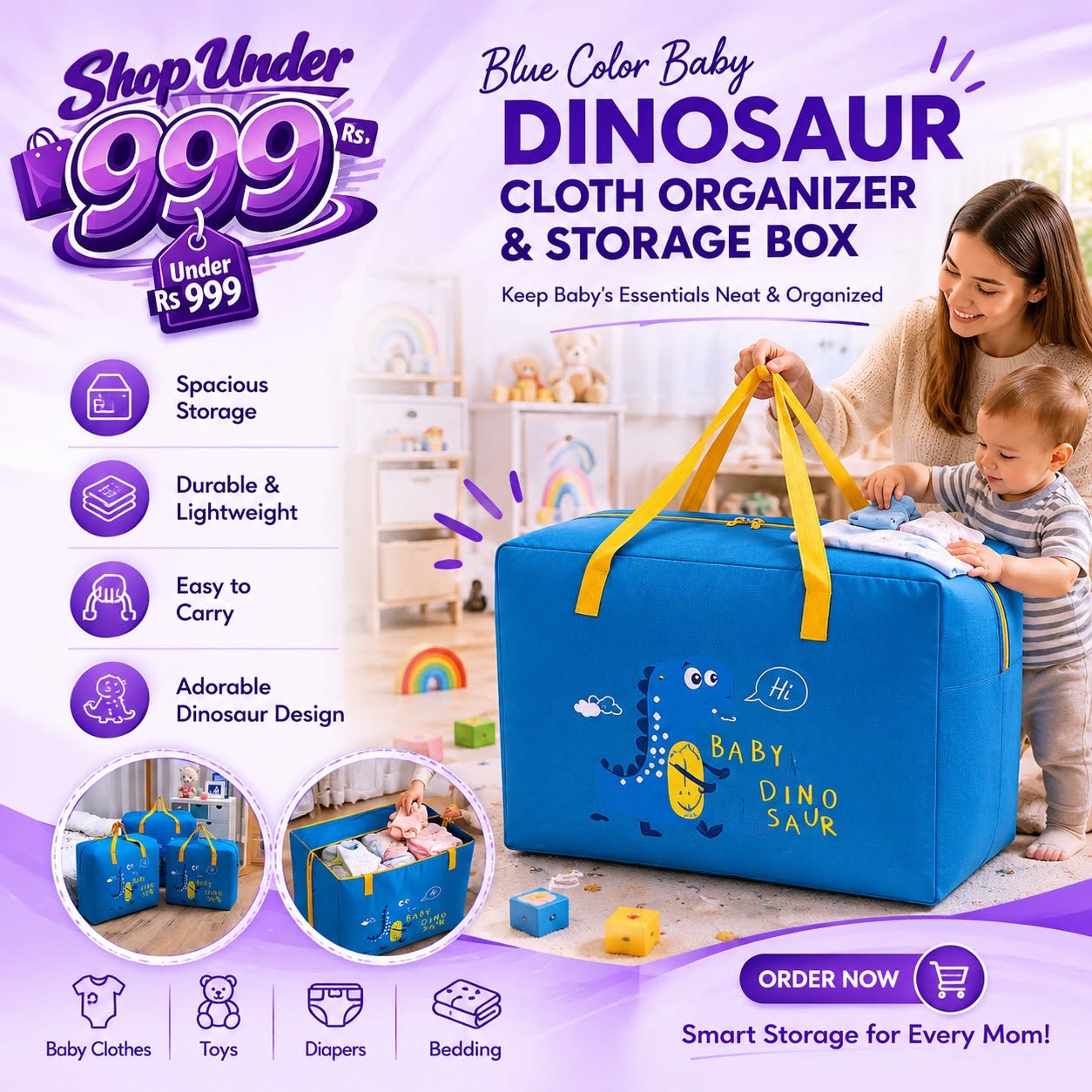 Blue Color Baby Dinosaur Cloth Organizer and Storage Box