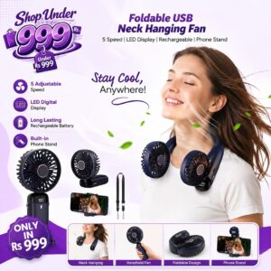 Foldable USB Neck Hanging Fan 5 Speed USB Fan Led Display Screen Rechargeable With Phone Stand