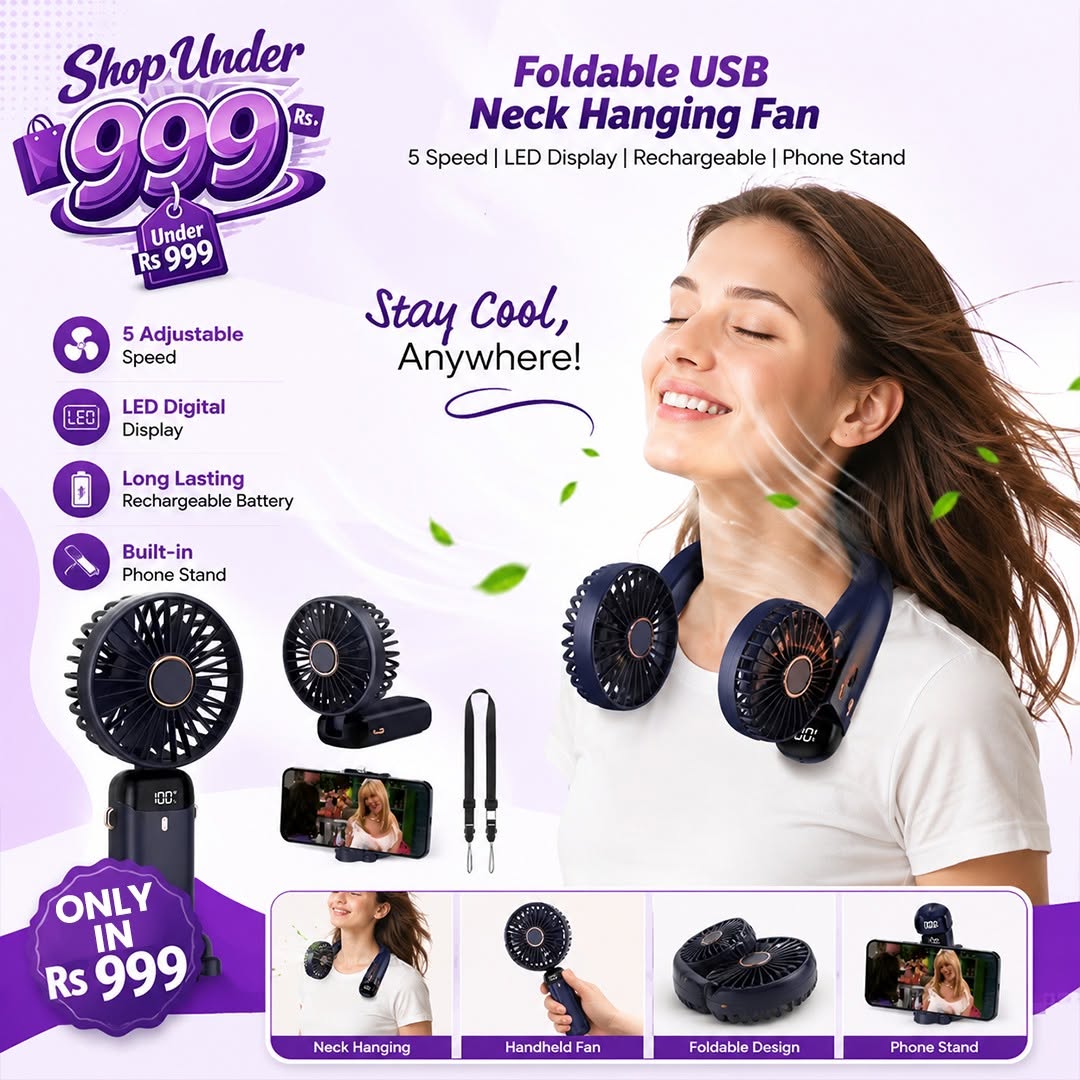 Foldable USB Neck Hanging Fan 5 Speed USB Fan Led Display Screen Rechargeable With Phone Stand