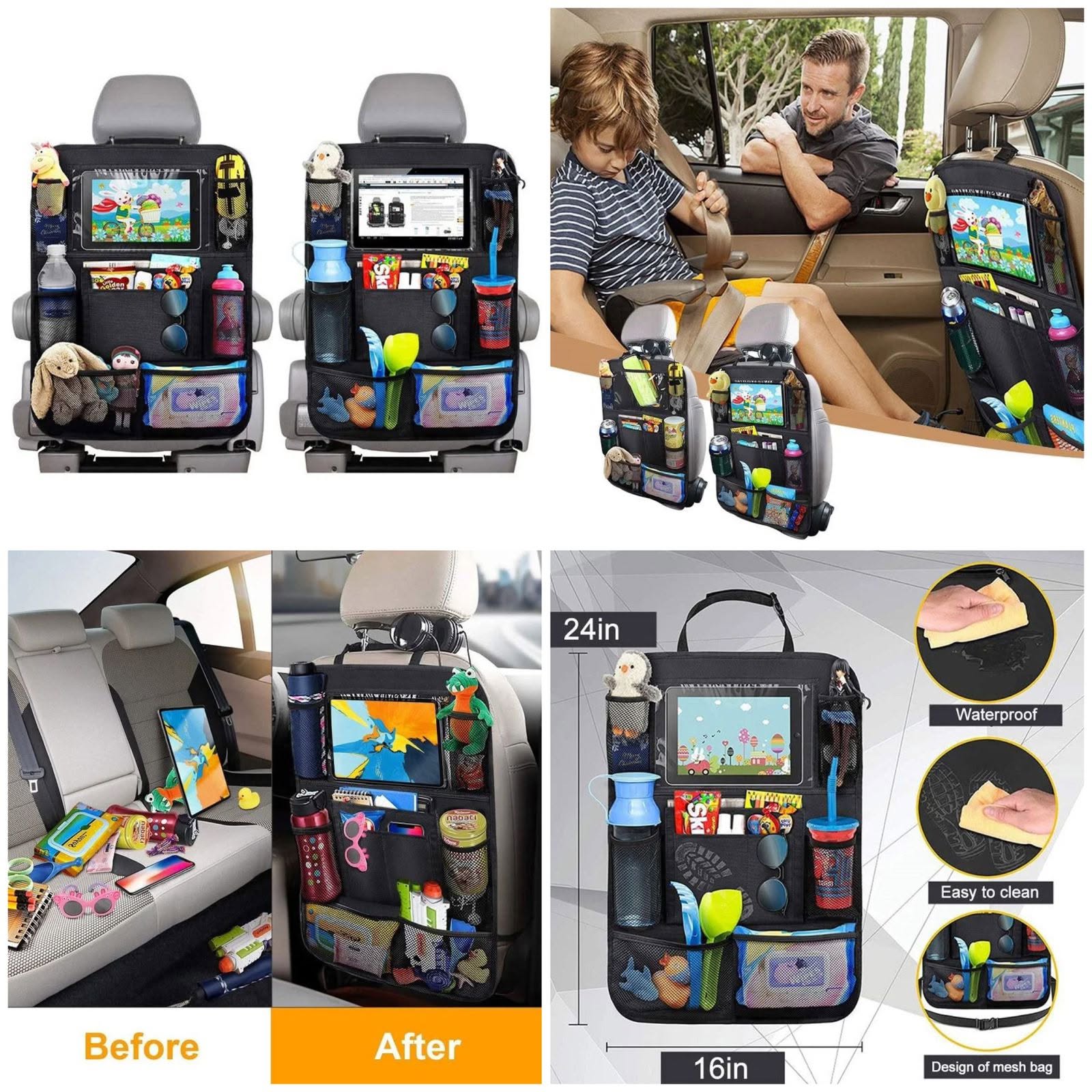 Car Backseat Organizer with Touch Screen Tablet Holder + 9 Storage Pockets Kick Mats - Image 2
