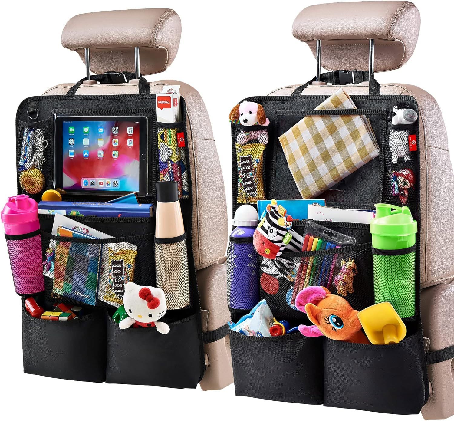 Car Backseat Organizer with Touch Screen Tablet Holder + 9 Storage Pockets Kick Mats - Image 3