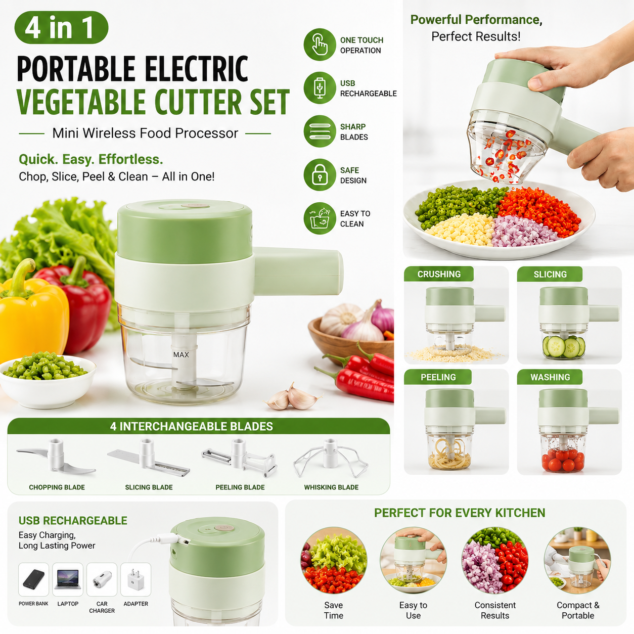 4 in 1 Portable Electric Vegetable Cutter Set Mini Wireless Food Processor Garlic Chili Onion Celery Ginger Meat Garlic Chopper - Image 2