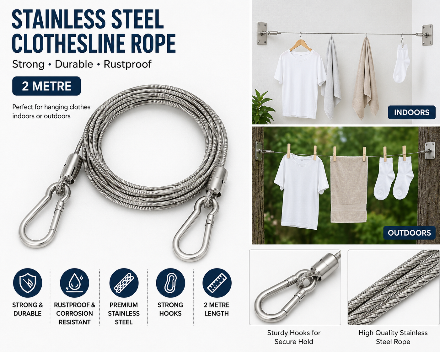 Strong stainless steel clothesline rope (2 metre) with hooks, perfect for hanging clothes indoors or outdoorsct - Image 3