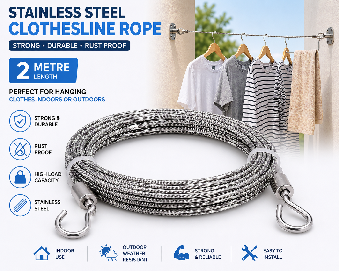 Strong stainless steel clothesline rope (2 metre) with hooks, perfect for hanging clothes indoors or outdoorsct - Image 2