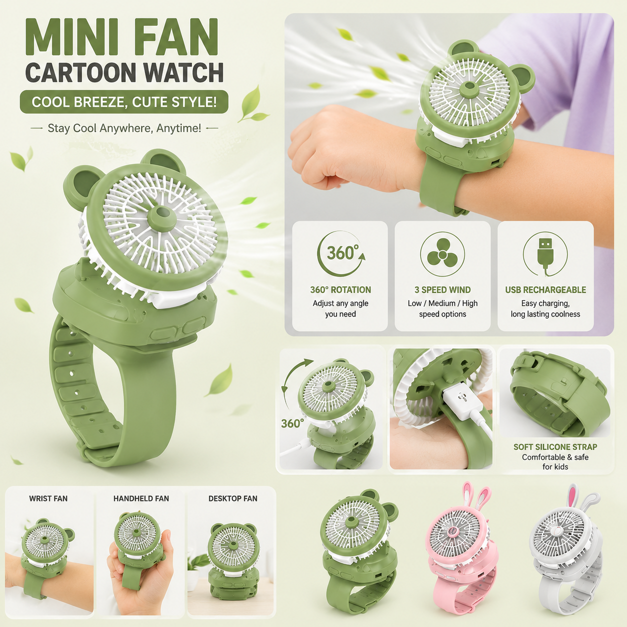 Mini Fan Cartoon Watch, Small USB Rechargeable Wrist Fan, Handheld Desktop Fan, Mini Hand Held Cooling Fan, Mini Cartoon Wristband Fan, Children Travel Air Cooler, Cute Design Fan For Kids - Image 2