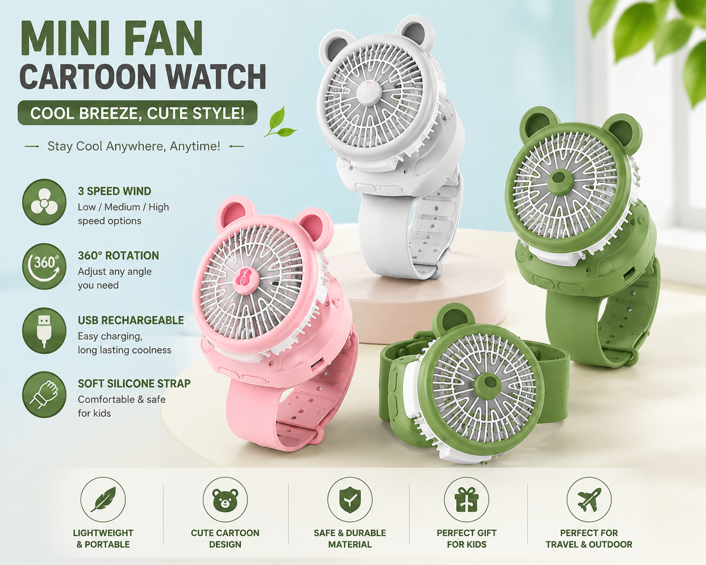 Mini Fan Cartoon Watch, Small USB Rechargeable Wrist Fan, Handheld Desktop Fan, Mini Hand Held Cooling Fan, Mini Cartoon Wristband Fan, Children Travel Air Cooler, Cute Design Fan For Kids - Image 3