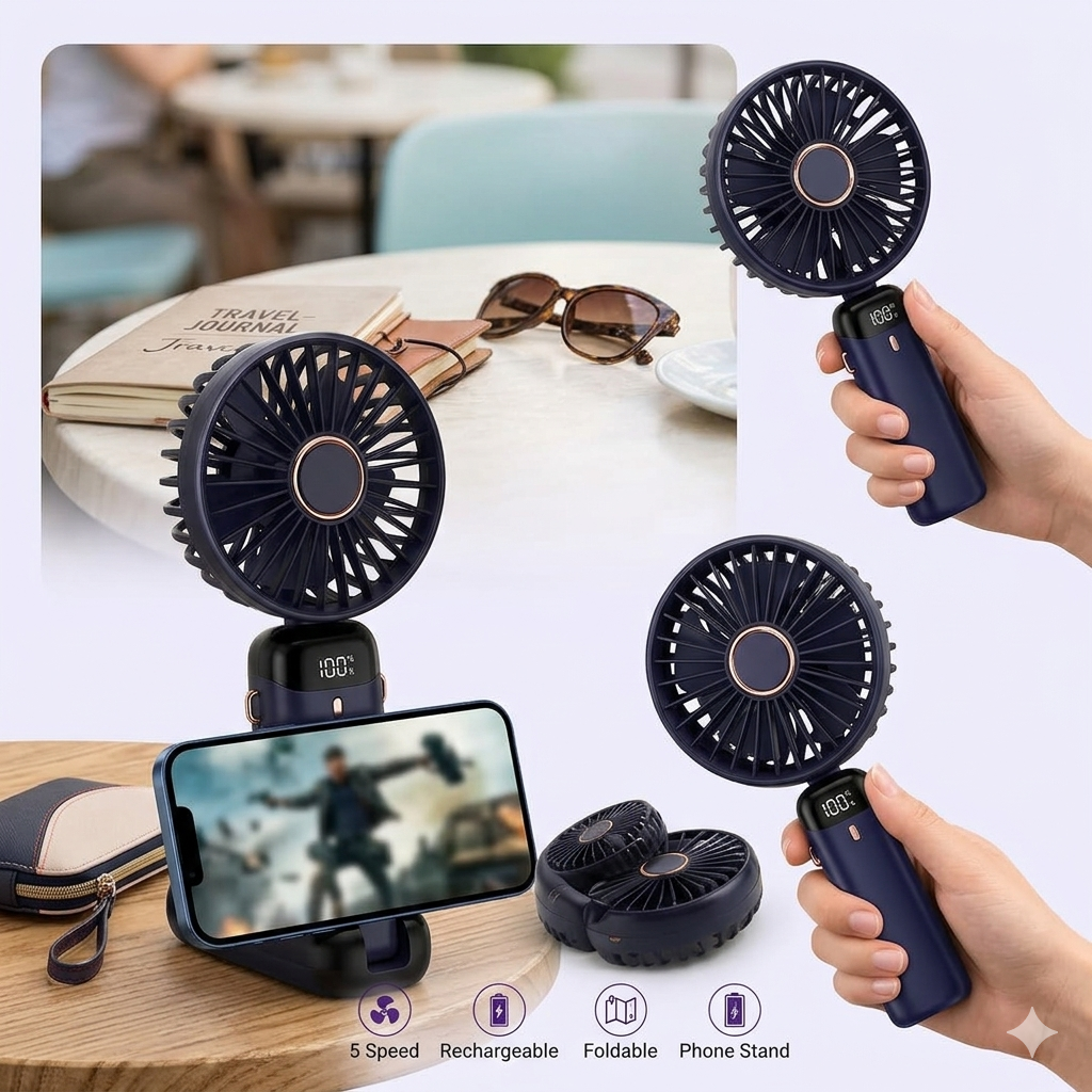 Foldable USB Neck Hanging Fan 5 Speed USB Fan Led Display Screen Rechargeable With Phone Stand - Image 2