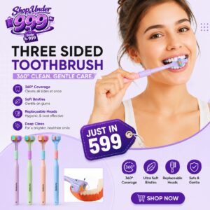 Three Sided Toothbrush Soft Bristles Gentle Clean Replaceable Heads 360 Degree Coverage Toothbrush