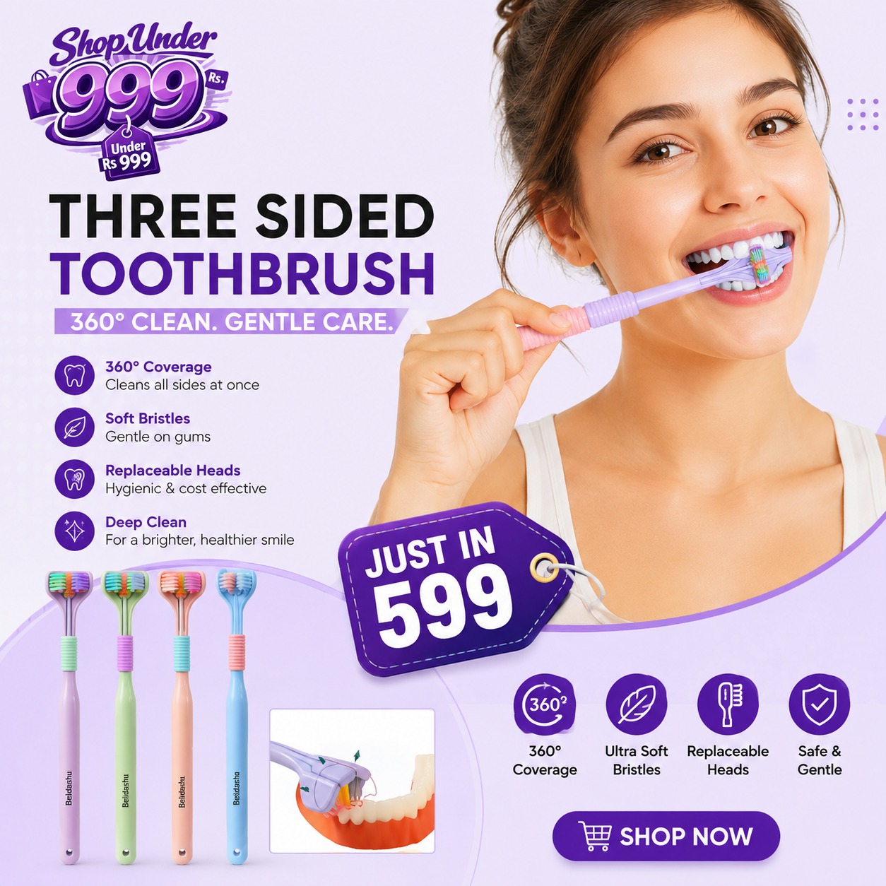 Three Sided Toothbrush Soft Bristles Gentle Clean Replaceable Heads 360 Degree Coverage Toothbrush