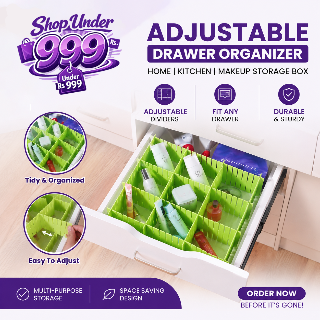 Adjustable New Drawer Organizer Home Kitchen Board Divider Makeup Storage Box