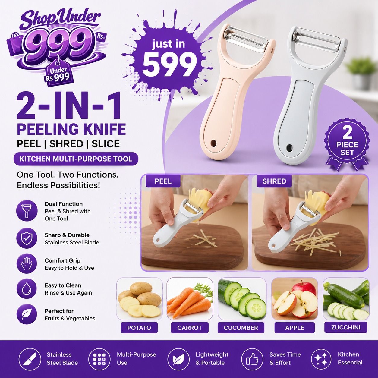 2-In-1 Peeling Knife Kitchen Multi-Purpose Peeling Tool for Fruits And Vegetables Potato And Fruit Slicer Two-Piece Peeling And Shredding Set