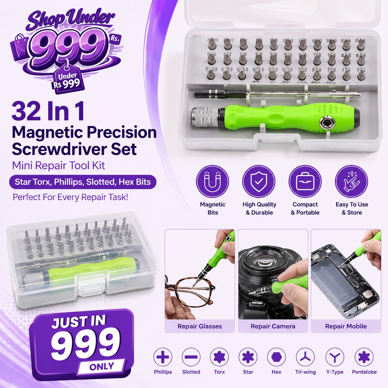 32 In 1 Magnetic Precision Screwdriver Set With Star Torx Phillips Slotted Hex Bits Mini Repair Tool Kit