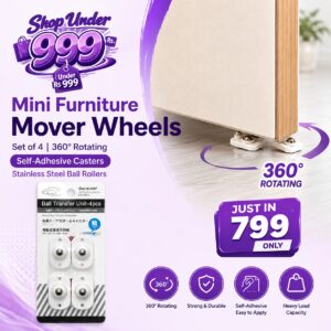 Mini Furniture Mover Wheels Set of 4 | 360° Rotating Self-Adhesive Casters | Stainless Steel Ball Rollers