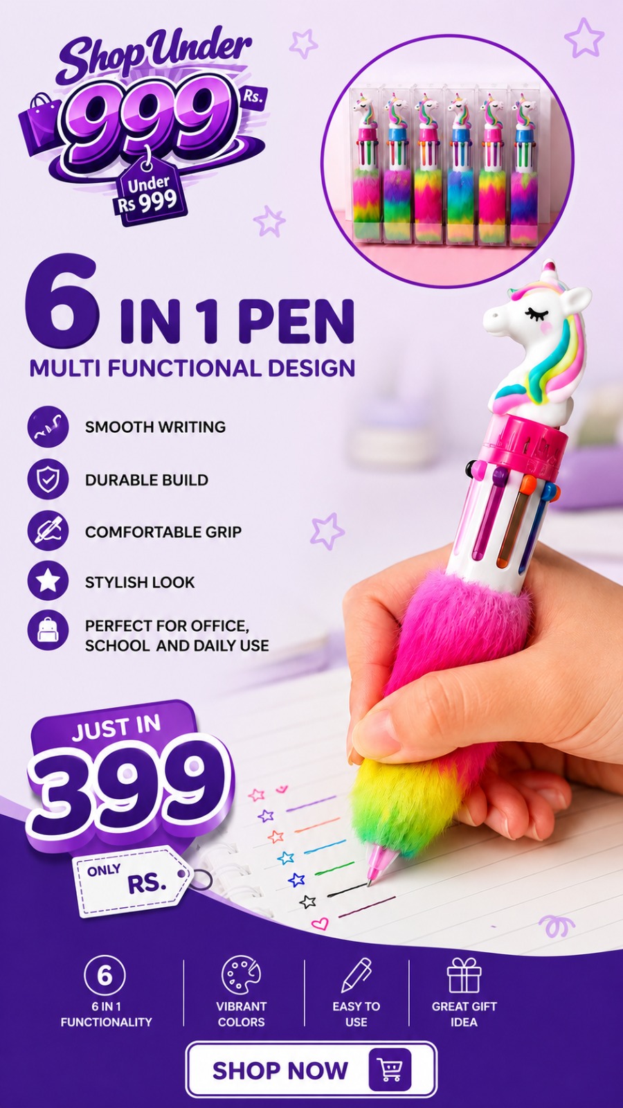 6 In 1 Pen Multi Functional Design Smooth Writing Durable Build Comfortable Grip Stylish Look Perfect For Office School And Daily Use (Random Color)