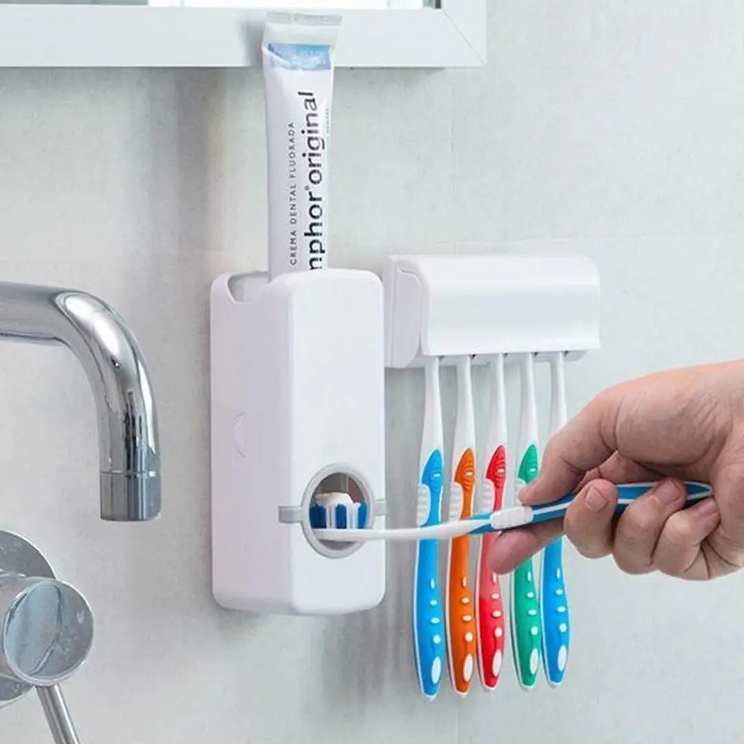 Toothpaste Dispenser With 5 Brush Holder Wall Mounted Automatic Hands Free Toothpaste Dispenser - Image 2