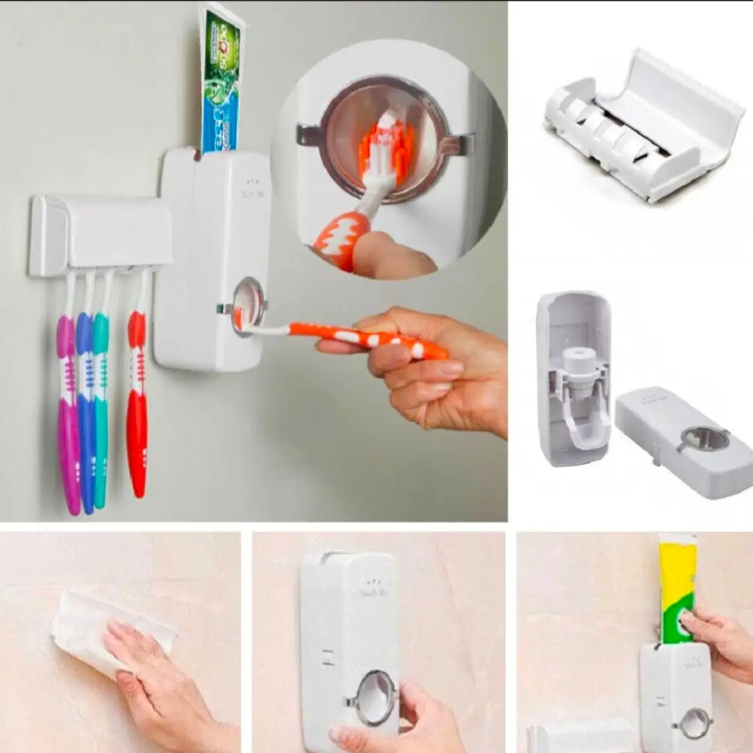 Toothpaste Dispenser With 5 Brush Holder Wall Mounted Automatic Hands Free Toothpaste Dispenser - Image 3