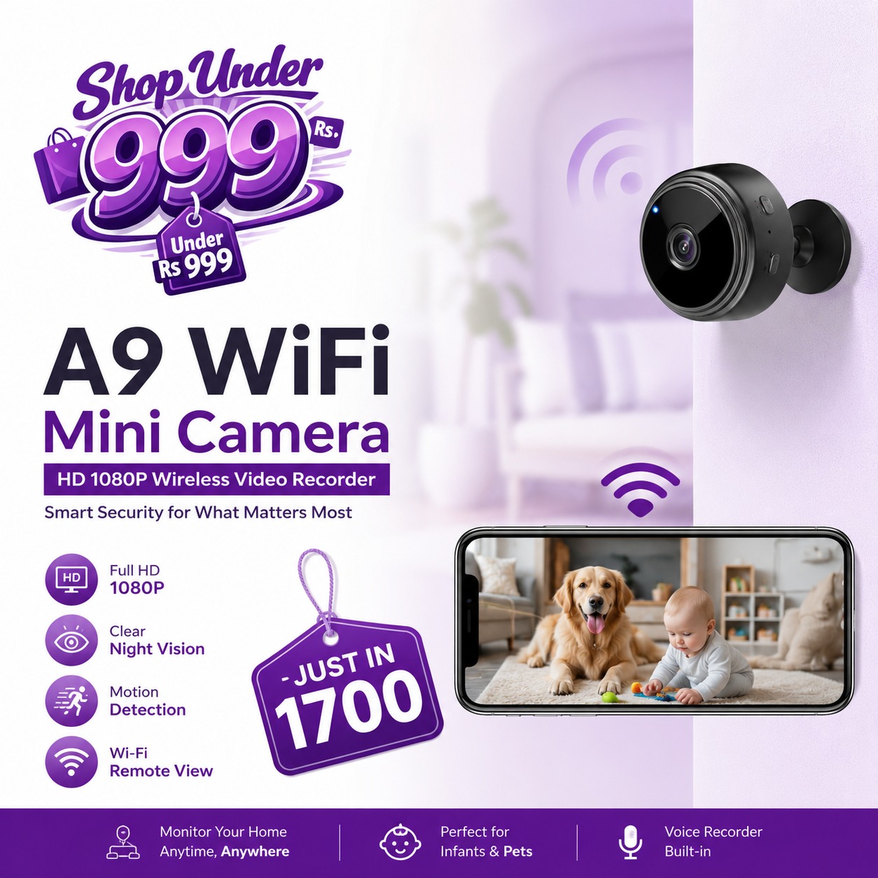 A9 WiFi Mini Camera HD 1080p Wireless Video Recorder Voice Recorder Security Monitoring Camera Smart Home For Infants And Pets-copy