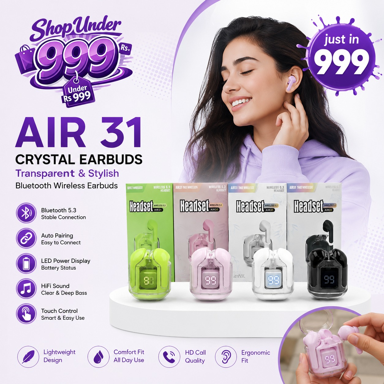 Air31 earbuds wireless crystal Transparent and Bluetooth Air 31