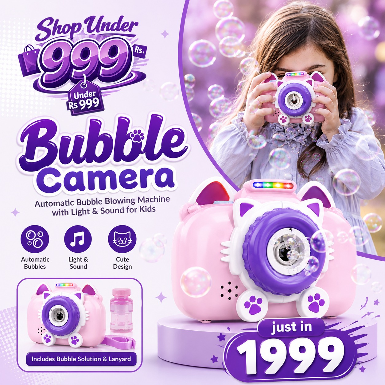 Bubble Camera with Bubble Solution Cartoon Camera Automatic Bubble Blowing Machine Toy With Light Sound for Kids