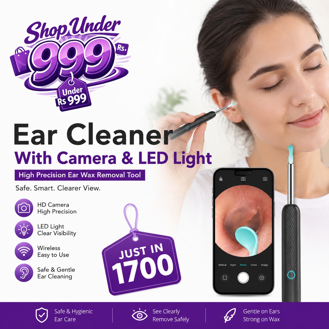 Ear Cleaner High Precision Ear Wax Removal Tool With Camera With LED Light Wireless Cleaner