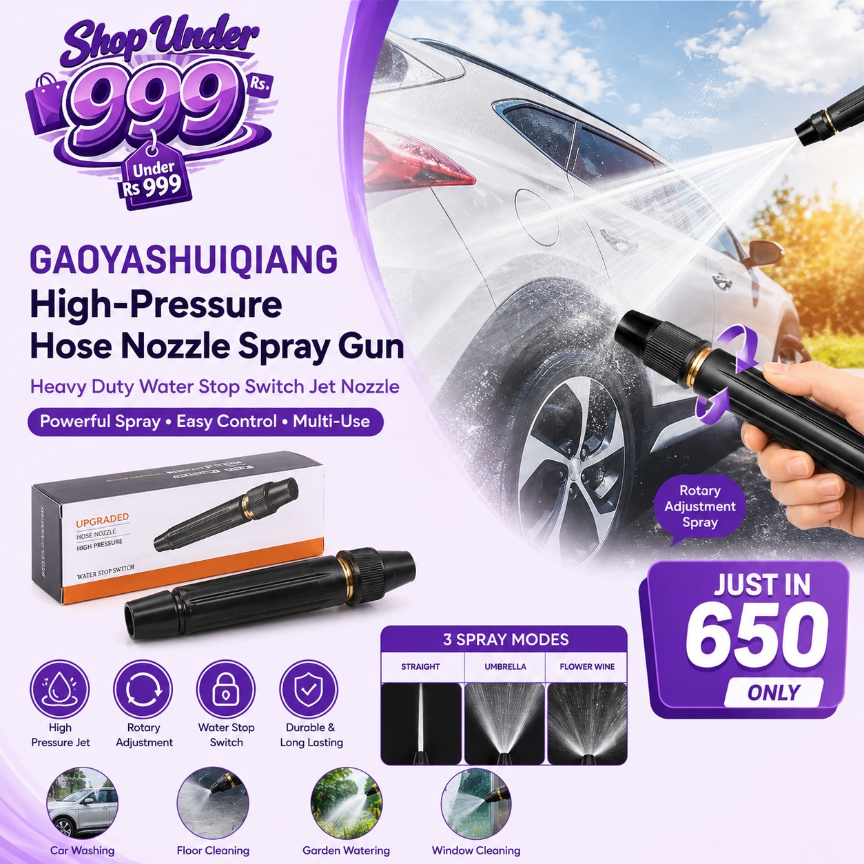 GAOYASHUIQIANG High-Pressure Plastic Hose Nozzle Spray Gun – Heavy Duty Water Stop Switch Jet Nozzle