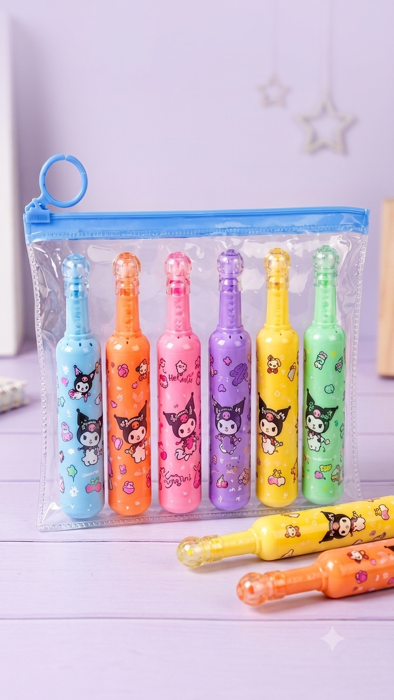 Pack of 6 Bottle Shaped Kromi Character Highlighters for Girls and Boys – Cute Stationery Set - Image 2