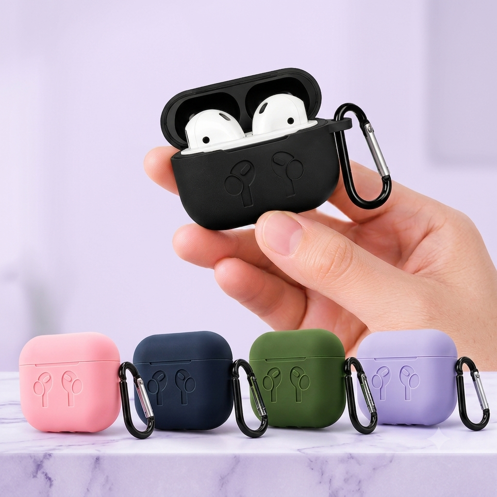 Shockproof Silicone AirPods Case - Textured Protective Skin with Keychain (Random colors) - Image 2
