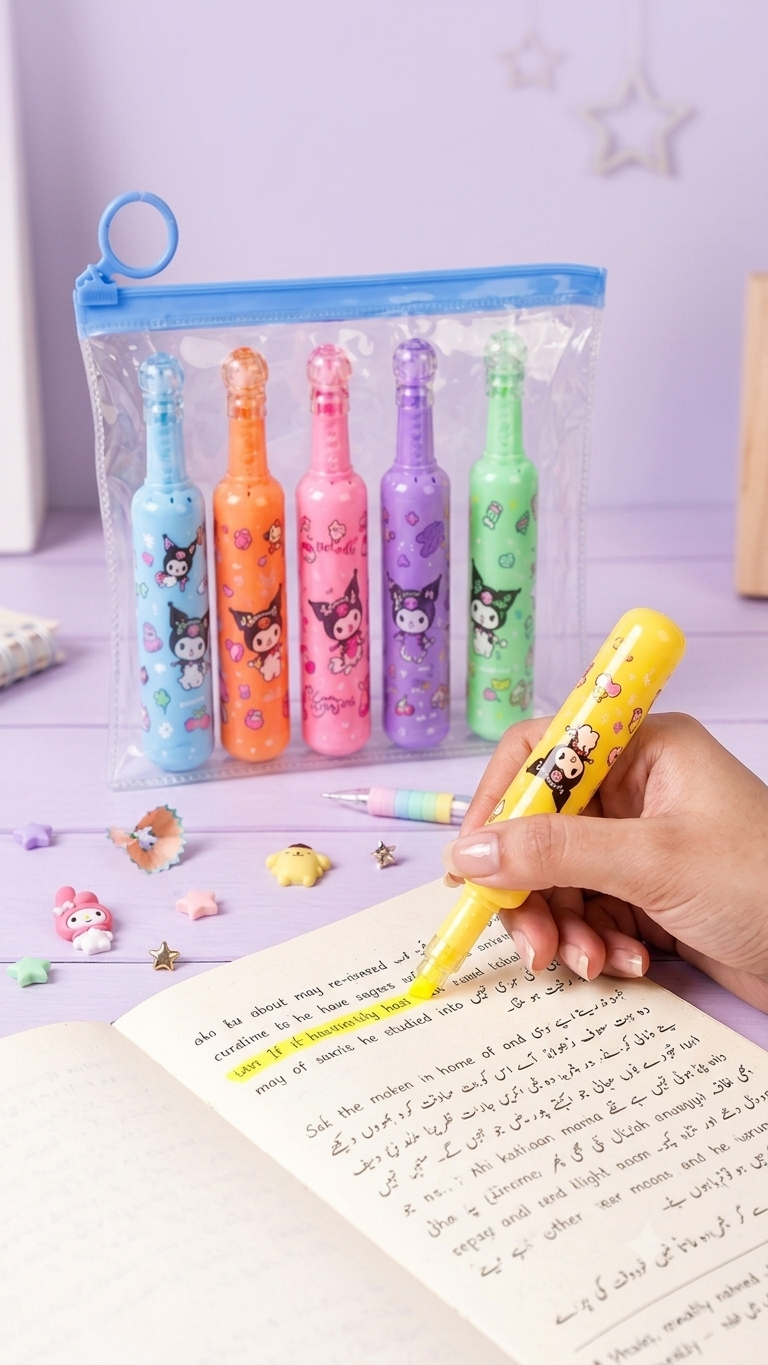 Pack of 6 Bottle Shaped Kromi Character Highlighters for Girls and Boys – Cute Stationery Set - Image 3