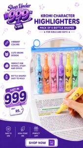 Pack of 6 Bottle Shaped Kromi Character Highlighters for Girls and Boys – Cute Stationery Set