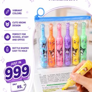 Pack of 6 Bottle Shaped Kromi Character Highlighters for Girls and Boys – Cute Stationery Set