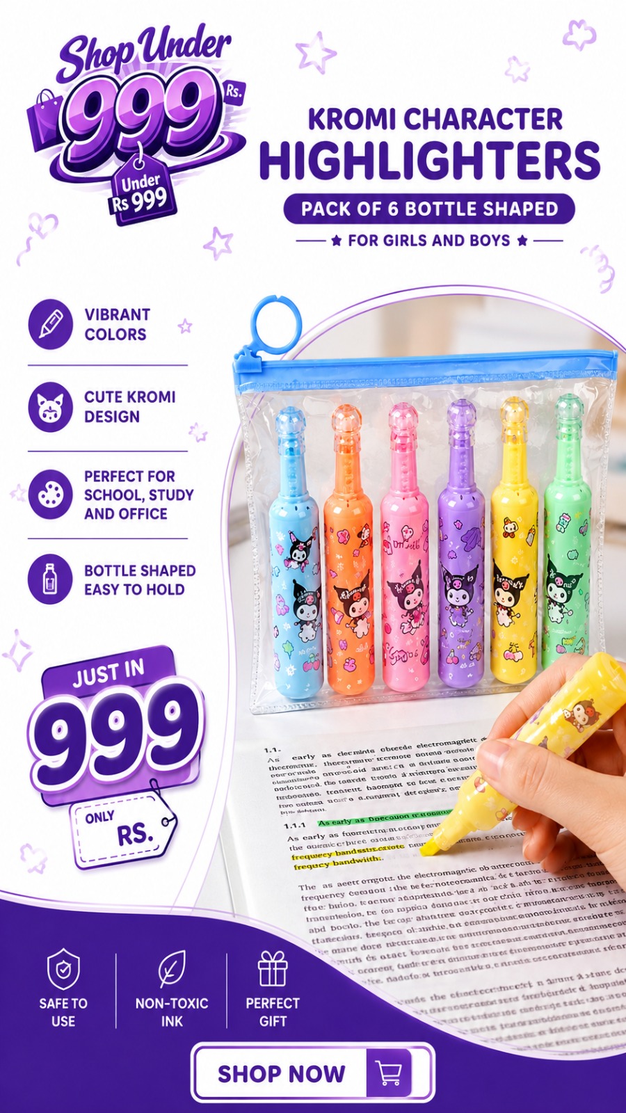 Pack of 6 Bottle Shaped Kromi Character Highlighters for Girls and Boys – Cute Stationery Set