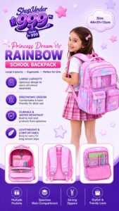 Princess Dream Rainbow School Backpack – Large Capacity Ergonomic Pastel Book Bag for Girls (44×31×13 cm)