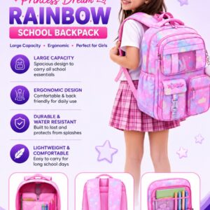 Princess Dream Rainbow School Backpack – Large Capacity Ergonomic Pastel Book Bag for Girls (44×31×13 cm)