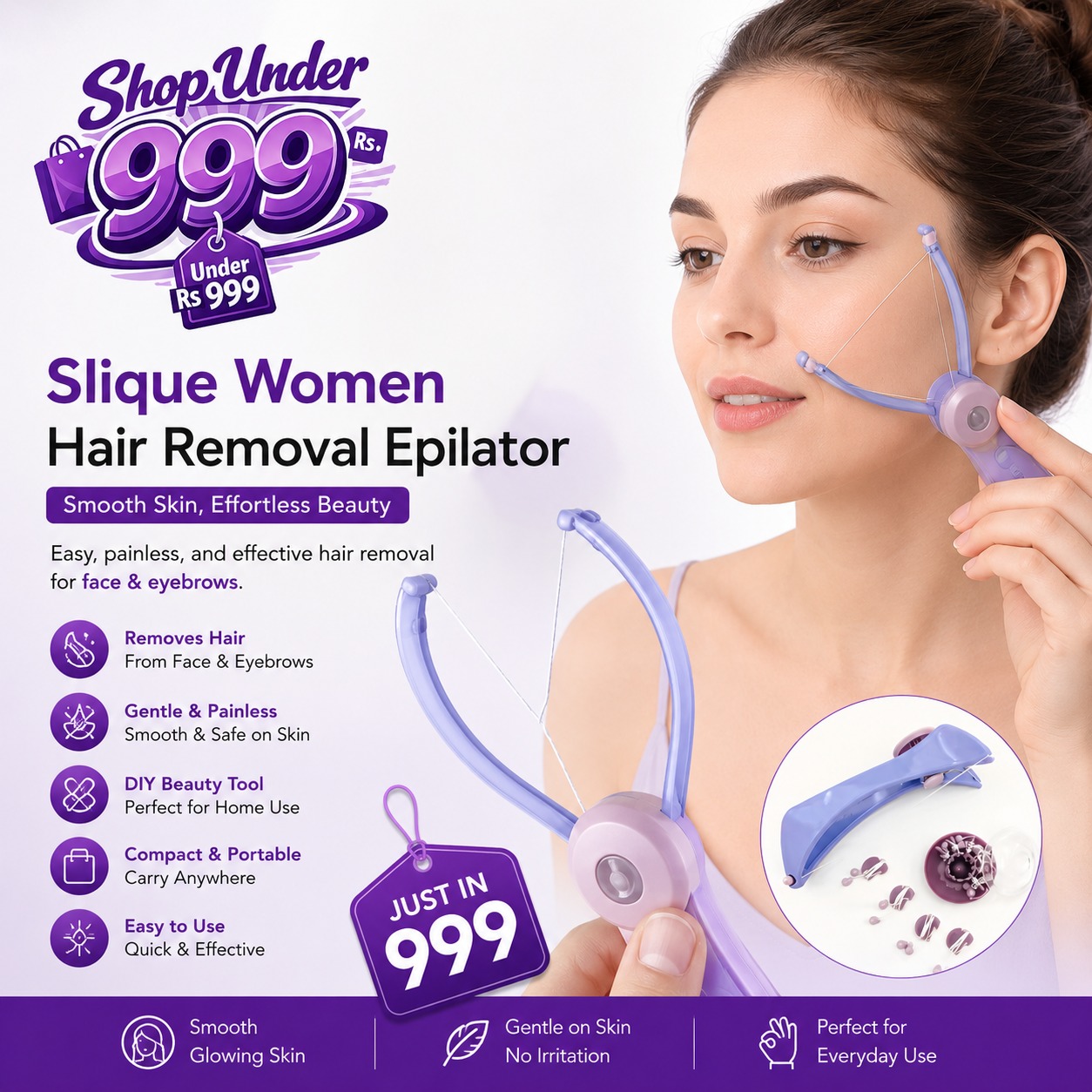 Slique Women Hair Removal Epilator Mini Facial Hair Remover Spring Threading Face Defeatherer for Cheeks Eyebrow DIY Makeup Beauty Tool