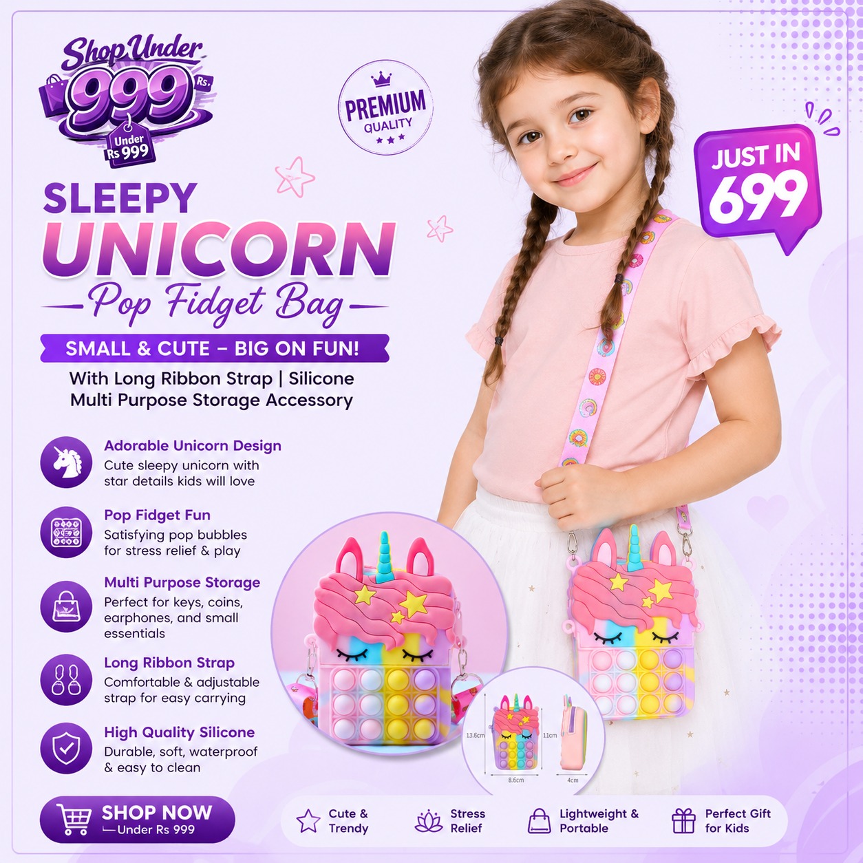 Small Sleepy Unicorn Star Pop Fidget Bag With Long Ribbon Strap Silicone Multi Purpose Storage Accessory (Random Color)