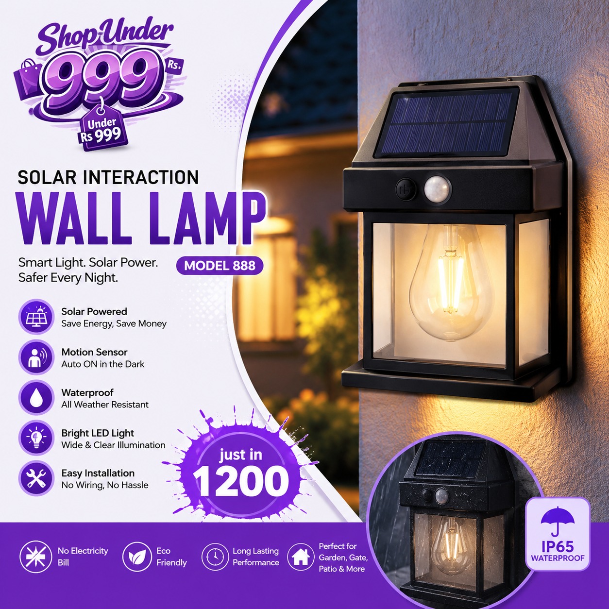 Solar Interaction Wall Lamp | Outdoor Waterproof LED Motion Sensor Solar Light (Model 888)