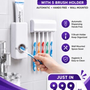 Toothpaste Dispenser With 5 Brush Holder Wall Mounted Automatic Hands Free Toothpaste Dispenser