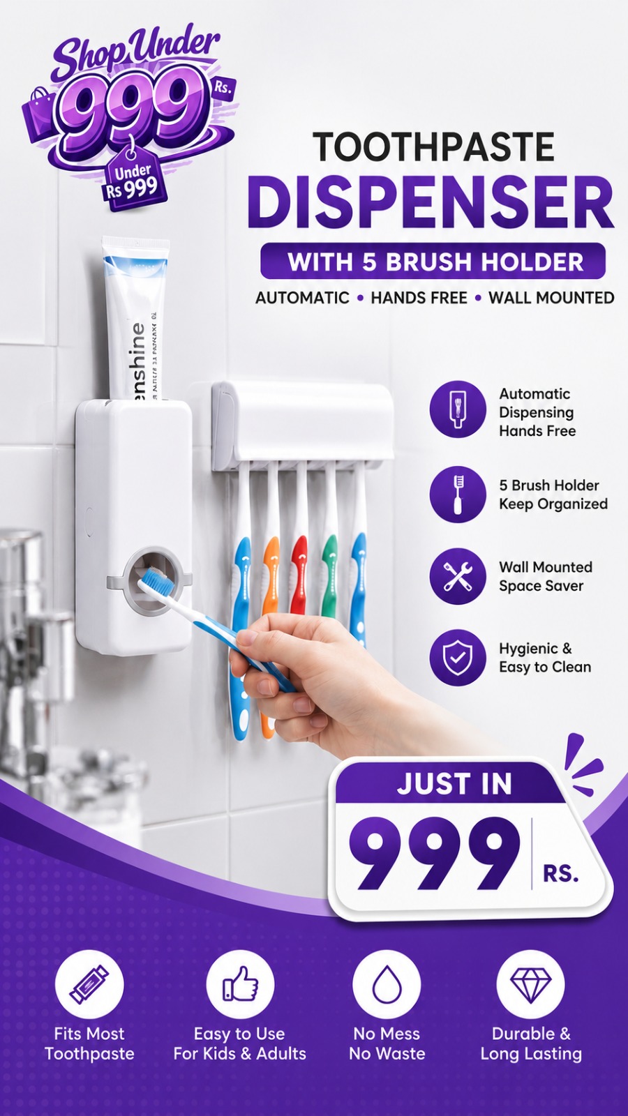 Toothpaste Dispenser With 5 Brush Holder Wall Mounted Automatic Hands Free Toothpaste Dispenser
