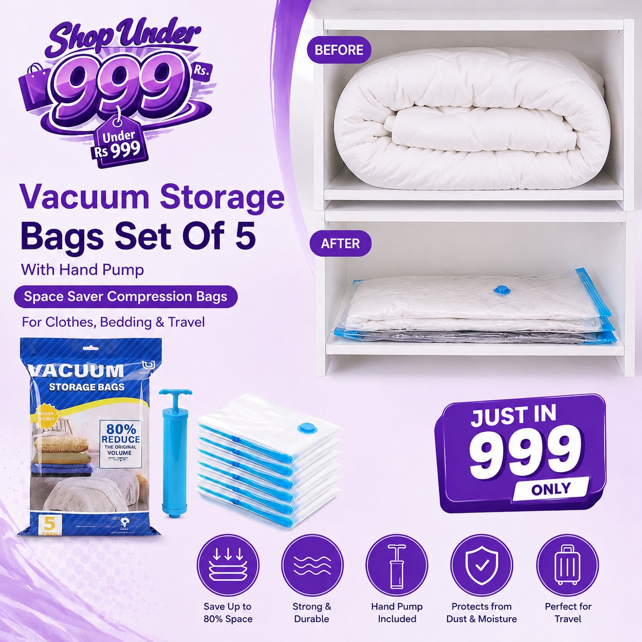 Vacuum Storage Bags Set Of 5 With Hand Pump Space Saver Compression Bags For Clothes Bedding And Travel